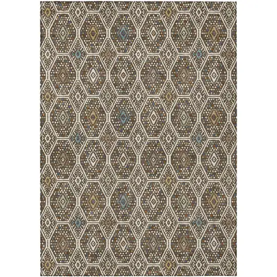 Beige And Chocolate Geometric Washable Indoor Outdoor Area Rug Photo 1