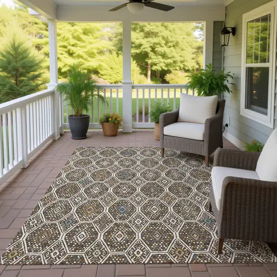 Beige And Chocolate Geometric Washable Indoor Outdoor Area Rug Photo 4
