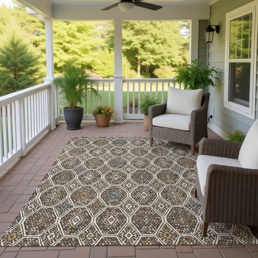 Beige And Chocolate Geometric Washable Indoor Outdoor Area Rug Photo 4