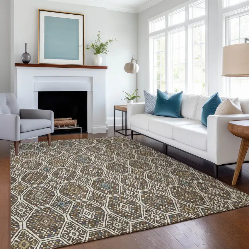 Beige And Chocolate Geometric Washable Indoor Outdoor Area Rug Photo 6