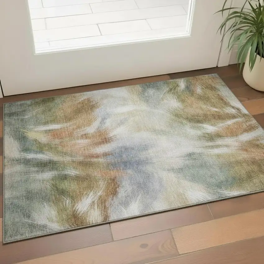 Beige And Copper Abstract Washable Area Rug With UV Protection Photo 2
