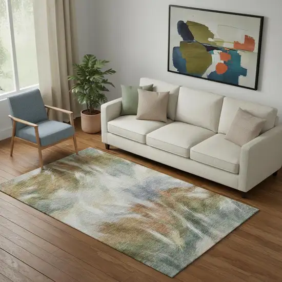 Beige And Copper Abstract Washable Area Rug With UV Protection Photo 2