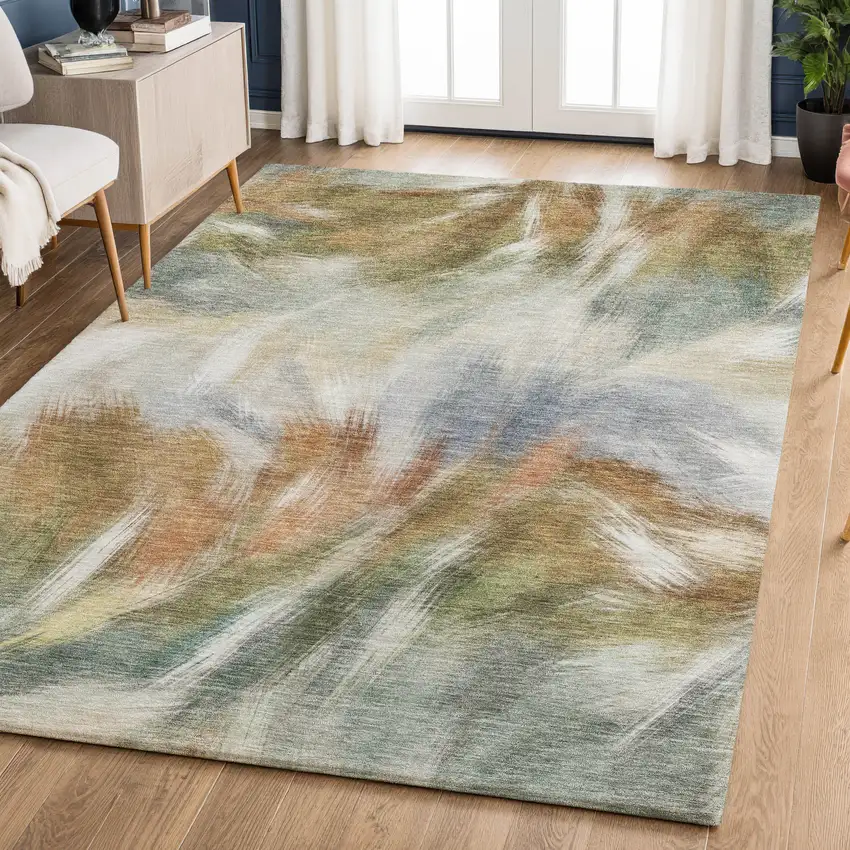 Beige And Copper Abstract Washable Area Rug With UV Protection Photo 6