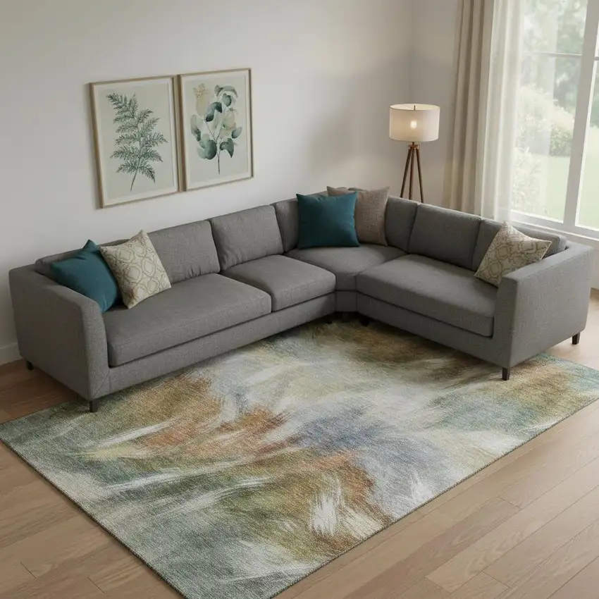 Beige And Copper Abstract Washable Area Rug With UV Protection Photo 2