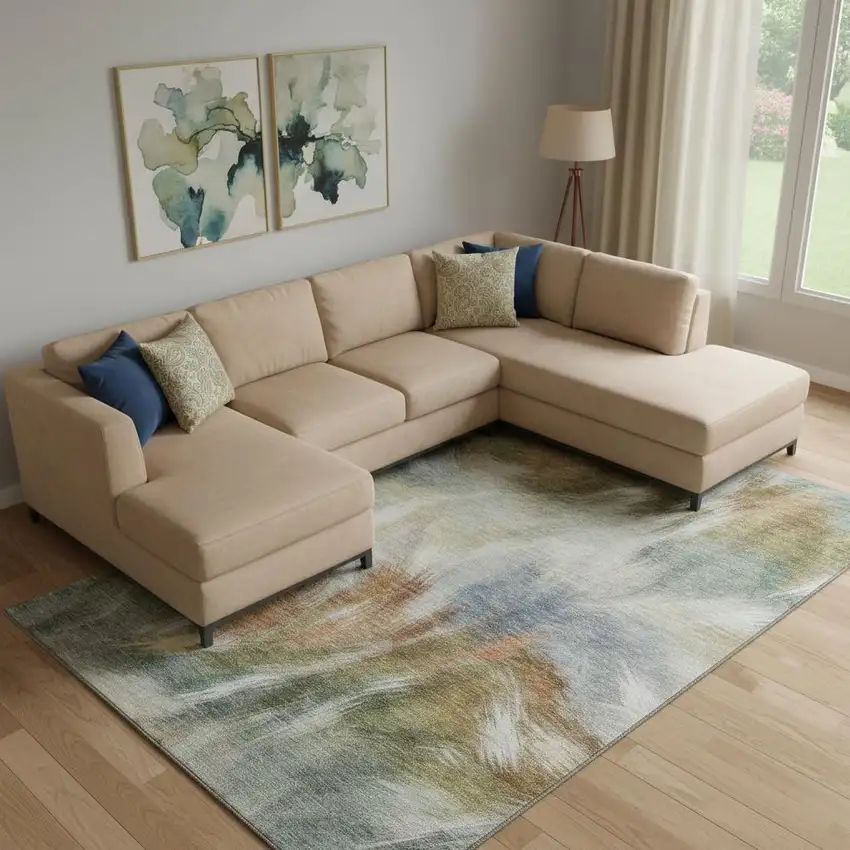 Beige And Copper Abstract Washable Area Rug With UV Protection Photo 2