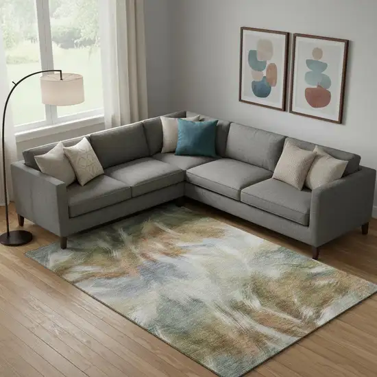 Beige And Copper Abstract Washable Area Rug With UV Protection Photo 2