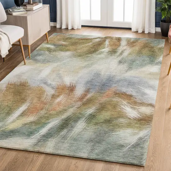 Beige And Copper Abstract Washable Area Rug With UV Protection Photo 6