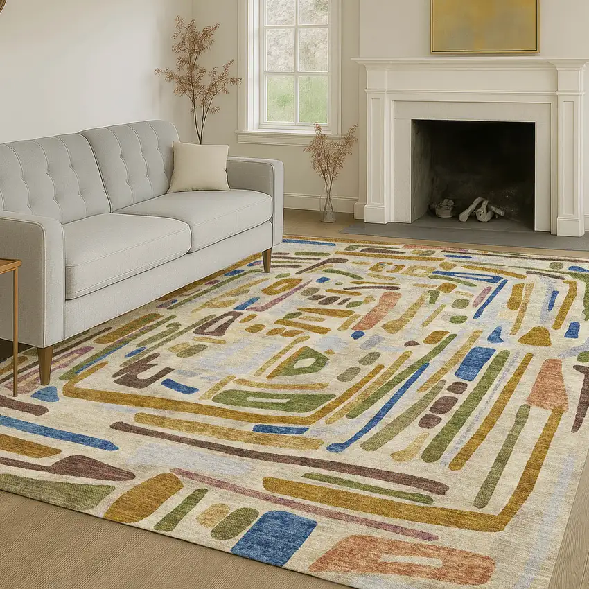 Beige And Copper Abstract Washable Indoor Outdoor Area Rug Photo 6