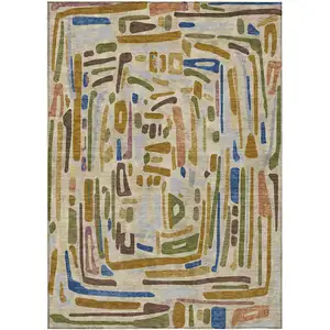 Photo of Beige And Copper Abstract Washable Indoor Outdoor Area Rug