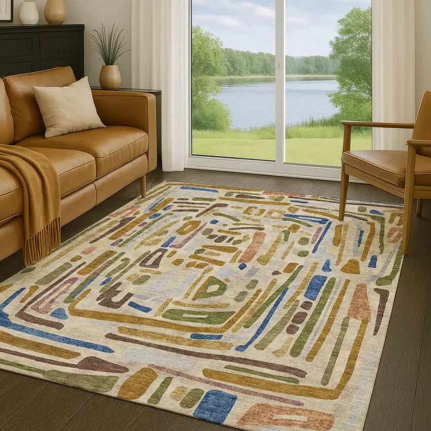 Beige And Copper Abstract Washable Indoor Outdoor Area Rug Photo 5