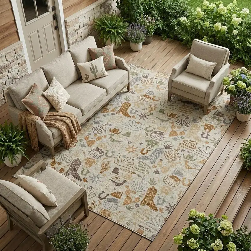 Beige And Copper Cactus Washable Indoor Outdoor Area Rug Photo 1