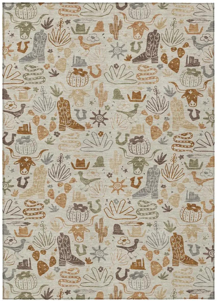 Beige And Copper Cactus Washable Indoor Outdoor Area Rug Photo 2