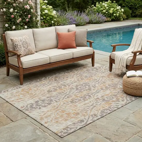 Beige And Copper Damask Washable Indoor Outdoor Area Rug Photo 1