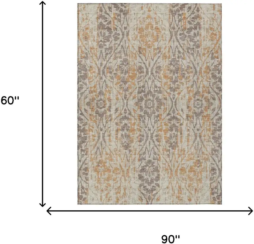 Beige And Copper Damask Washable Indoor Outdoor Area Rug Photo 7