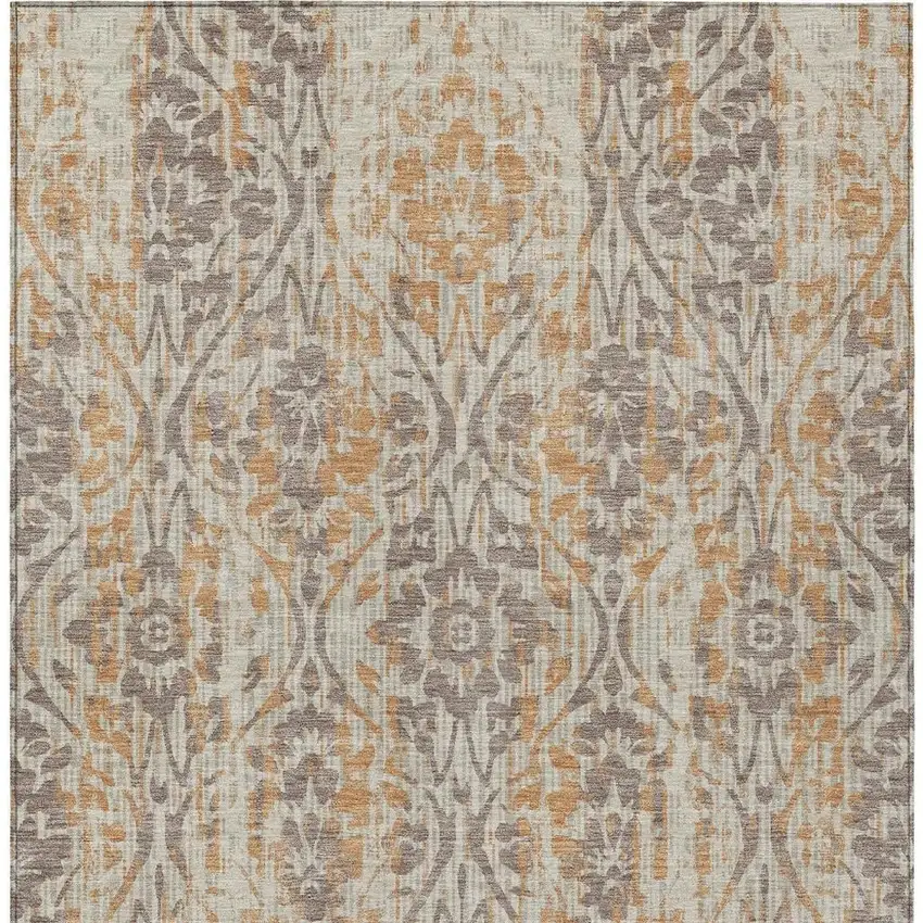 Beige And Copper Damask Washable Indoor Outdoor Area Rug Photo 4