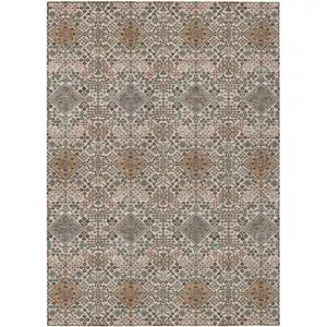 Photo of Beige And Copper Geometric Washable Indoor Outdoor Area Rug