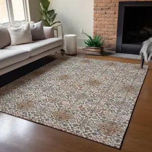 Photo of Beige And Copper Geometric Washable Indoor Outdoor Area Rug