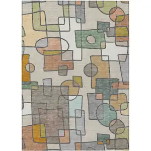 Photo of Beige And Copper Geometric Washable Indoor Outdoor Area Rug