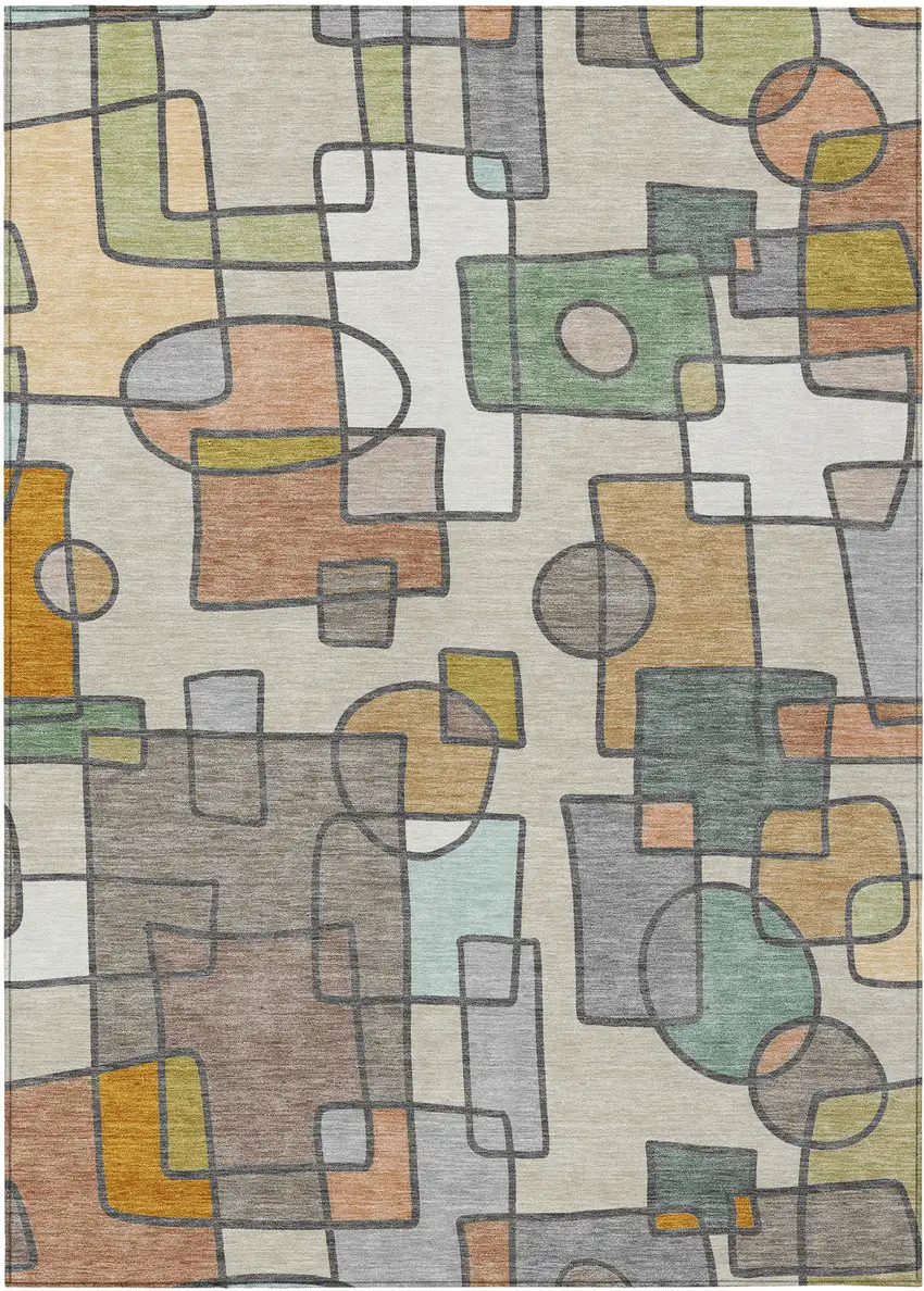 Beige And Copper Geometric Washable Indoor Outdoor Area Rug Photo 1