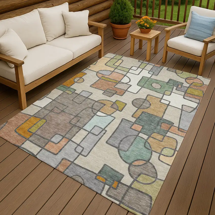 Beige And Copper Geometric Washable Indoor Outdoor Area Rug Photo 7