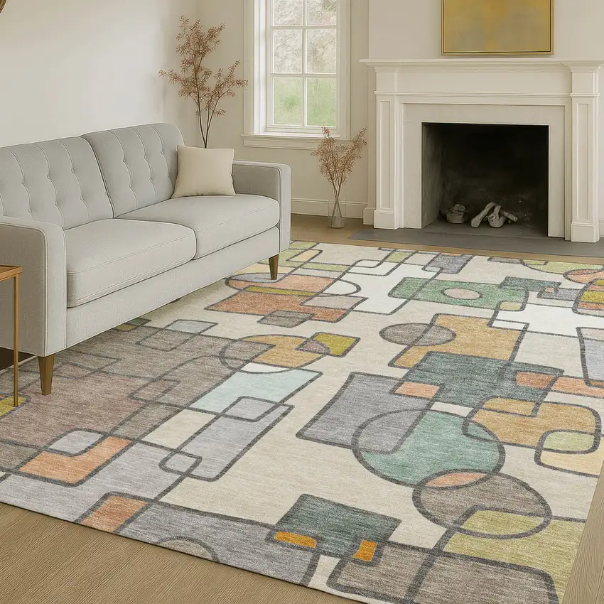 Beige And Copper Geometric Washable Indoor Outdoor Area Rug Photo 6