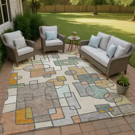 Beige And Copper Geometric Washable Indoor Outdoor Area Rug Photo 4