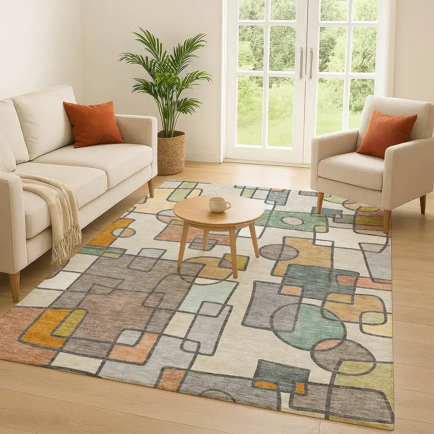 Beige And Copper Geometric Washable Indoor Outdoor Area Rug Photo 5