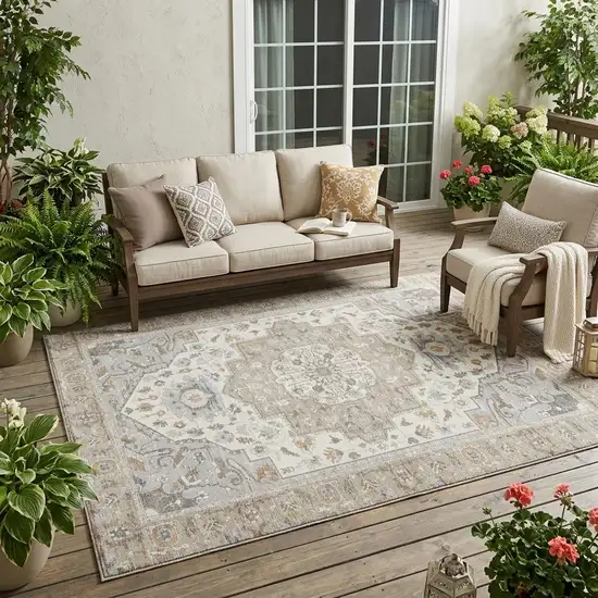 Beige And Copper Oriental Washable Indoor Outdoor Area Rug Photo 1