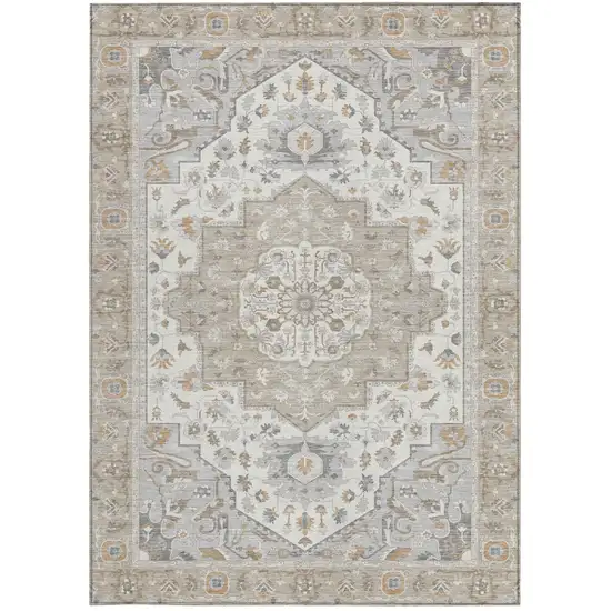 Beige And Copper Oriental Washable Indoor Outdoor Area Rug Photo 4
