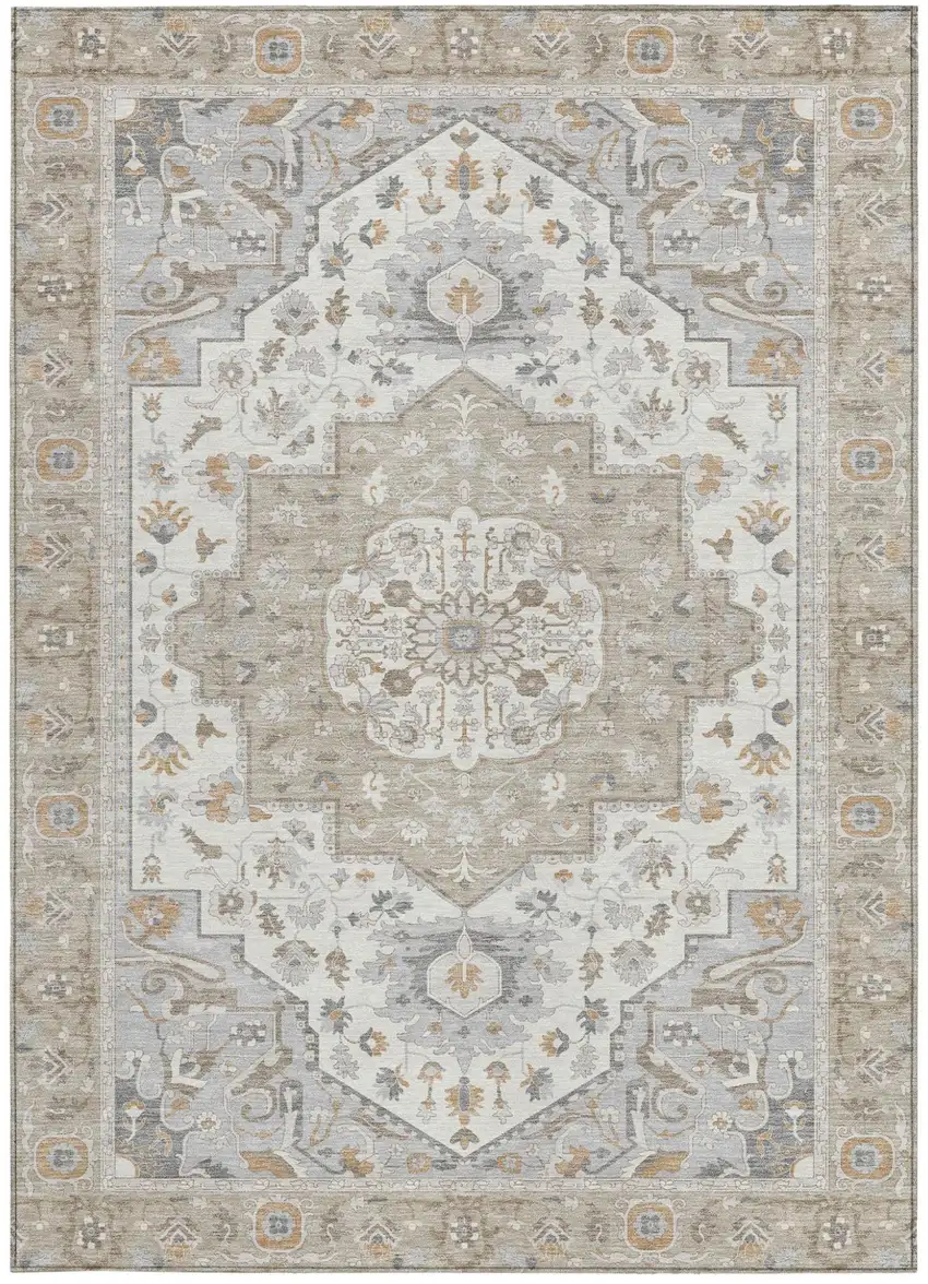 Beige And Copper Oriental Washable Indoor Outdoor Area Rug Photo 4