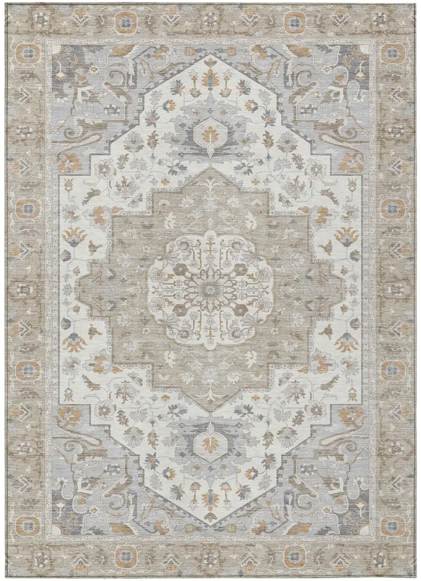 Beige And Copper Oriental Washable Indoor Outdoor Area Rug Photo 2