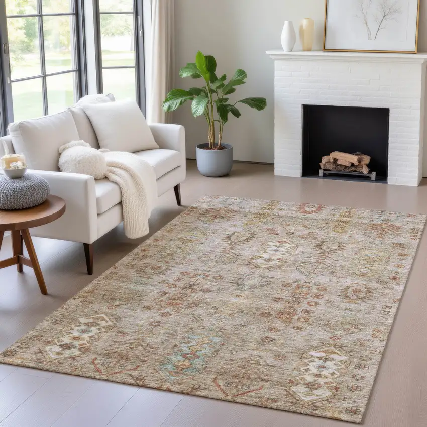 Beige And Copper Tribal Washable Indoor Outdoor Area Rug Photo 6