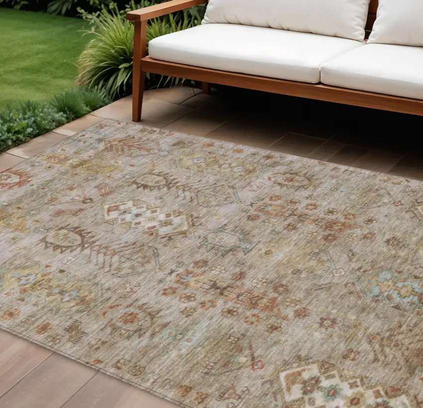 Beige And Copper Tribal Washable Indoor Outdoor Area Rug Photo 2