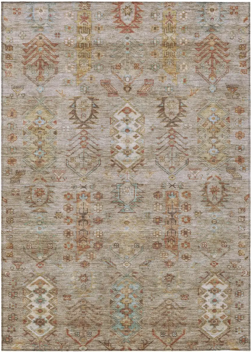 Beige And Copper Tribal Washable Indoor Outdoor Area Rug Photo 1