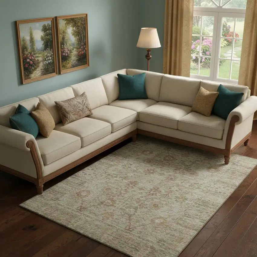 Beige And Coral Oriental Washable Area Rug With UV Protection Photo 2