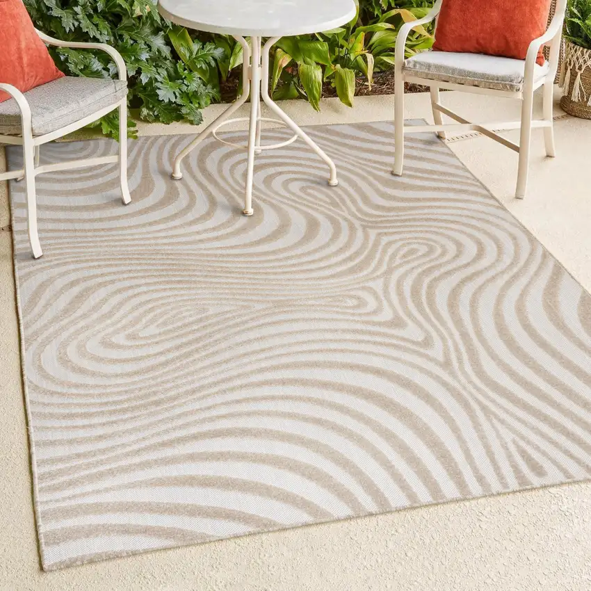 Beige And Cream Abstract Indoor Outdoor Area Rug Photo 9