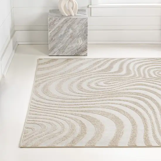 Beige And Cream Abstract Indoor Outdoor Area Rug Photo 6