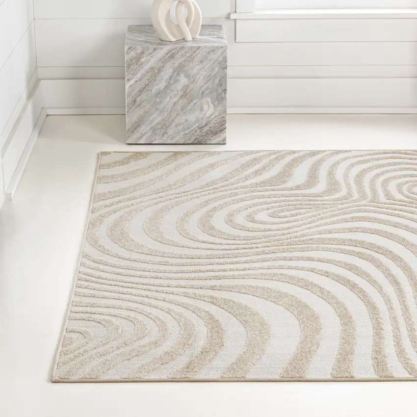 Beige And Cream Abstract Indoor Outdoor Area Rug Photo 6