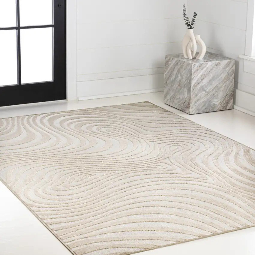 Beige And Cream Abstract Indoor Outdoor Area Rug Photo 8