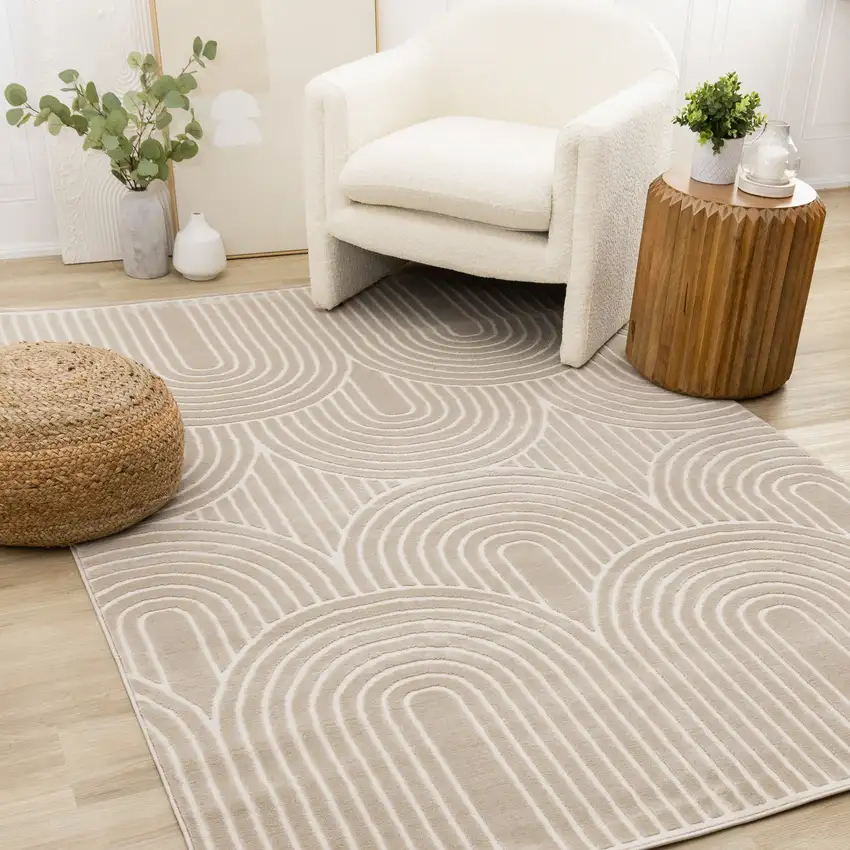 Beige And Cream Geometric Area Rug Photo 6