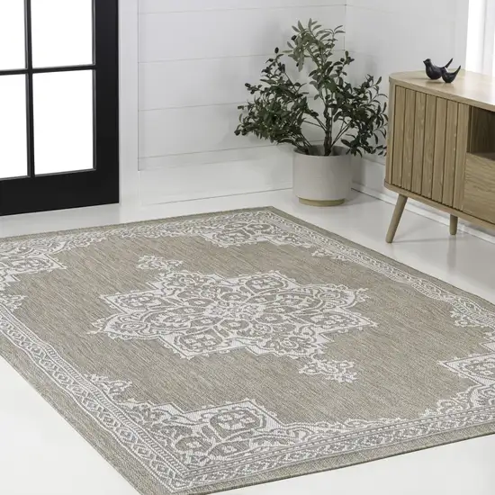 Beige And Cream Medallion Indoor Outdoor Area Rug Photo 6