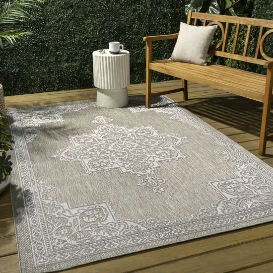 Beige And Cream Medallion Indoor Outdoor Area Rug Photo 8