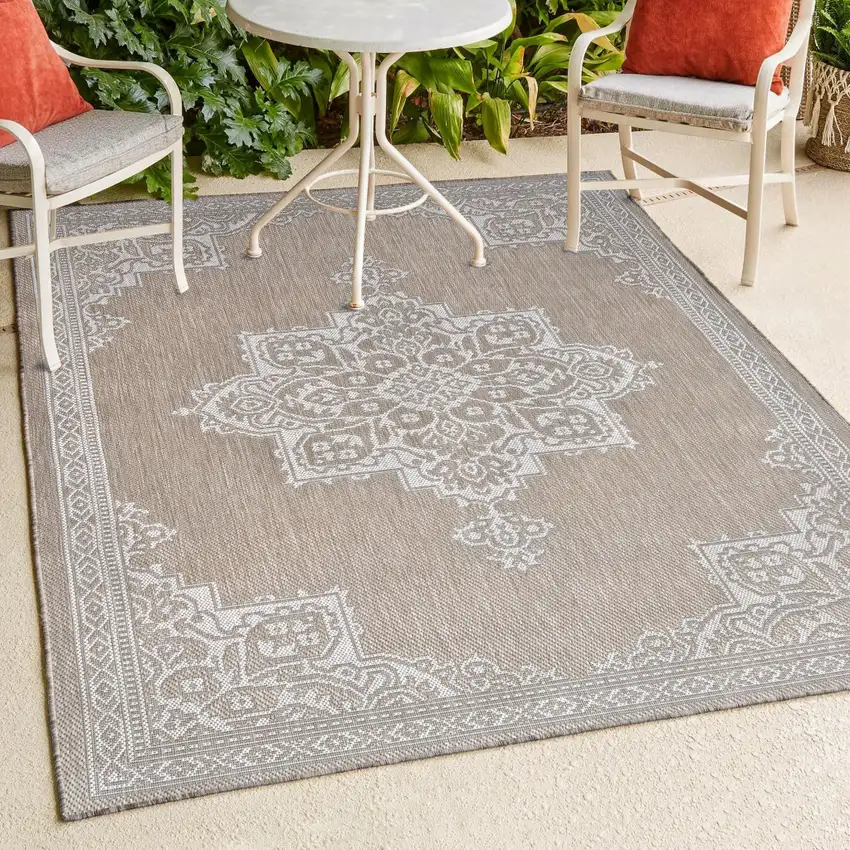Beige And Cream Medallion Indoor Outdoor Area Rug Photo 9