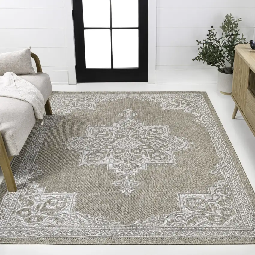 Beige And Cream Medallion Indoor Outdoor Area Rug Photo 4