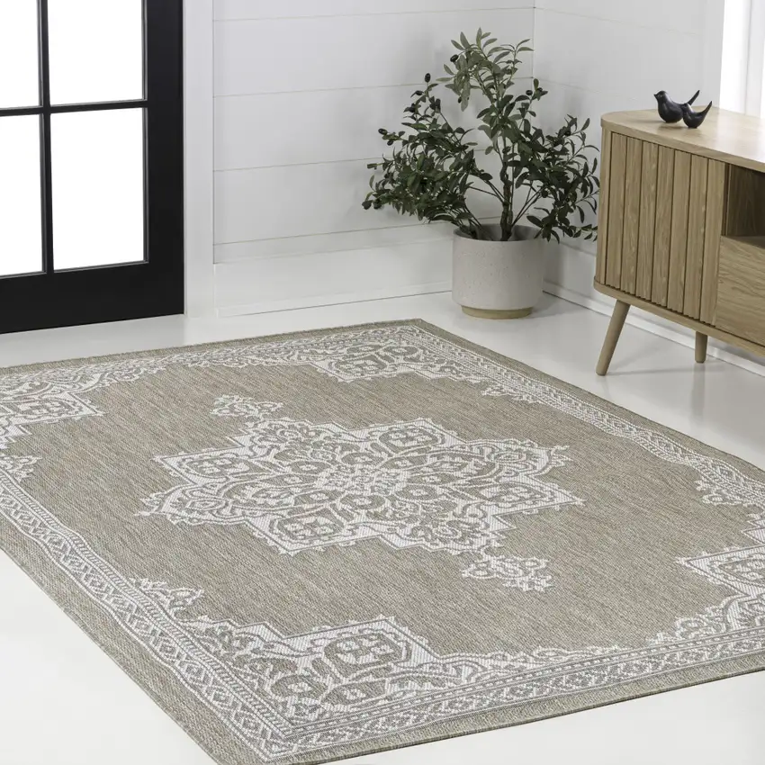 Beige And Cream Medallion Indoor Outdoor Area Rug Photo 5