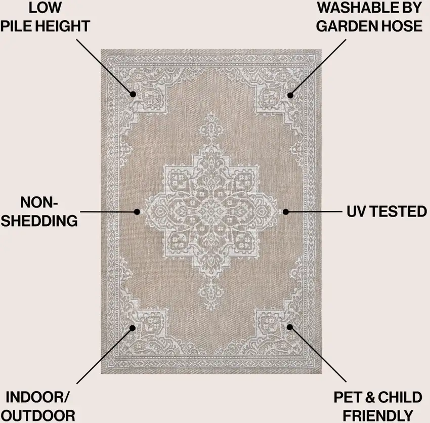 Beige And Cream Medallion Indoor Outdoor Area Rug Photo 9