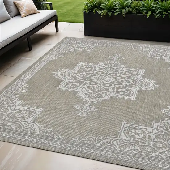 Beige And Cream Medallion Indoor Outdoor Area Rug Photo 1