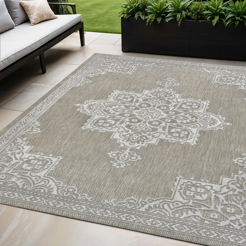 Beige And Cream Medallion Indoor Outdoor Area Rug Photo 1