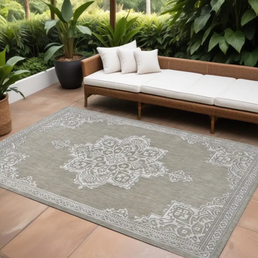Beige And Cream Medallion Indoor Outdoor Area Rug Photo 1