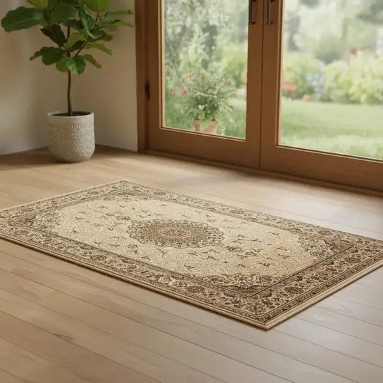 Beige And Cream Oriental Runner Rug Photo 1